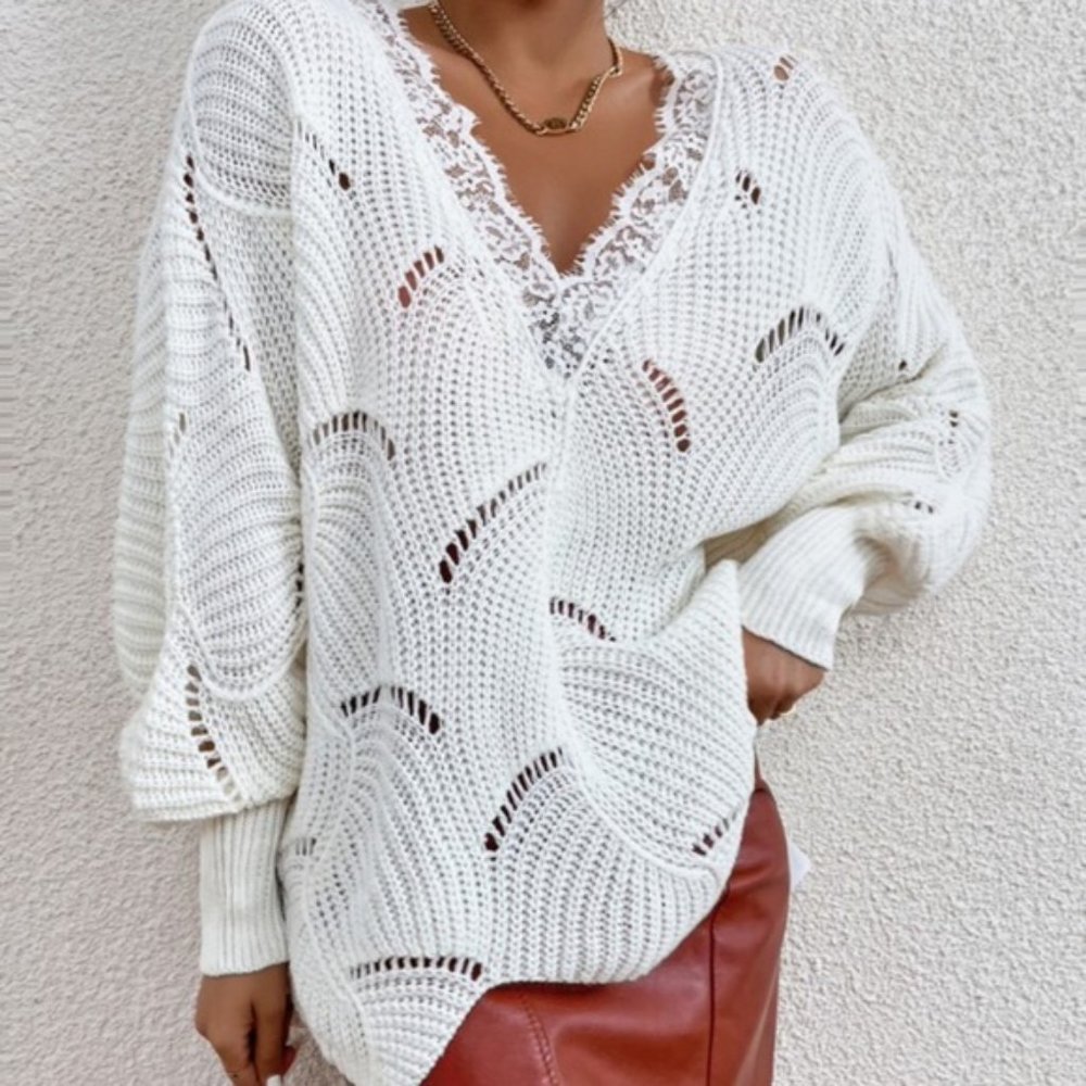 Off White Lace V neck Lantern Sleeve Sweater Top - Picture 6 of 10